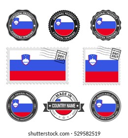 Vector set of made in the Slovenia labels. Approved Product, Original Product Stamps label design. country flag air mail stamp, vector illustration
