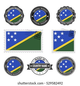 Vector set of made in the Solomon Islands labels. Approved Product, Original Product Stamps label design. country flag air mail stamp, vector illustration
