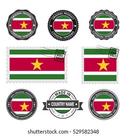 Vector set of made in the Suriname labels. Approved Product, Original Product Stamps label design. country flag air mail stamp, vector illustration

