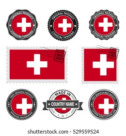 Vector set of made in the Switzerland labels. Approved Product, Original Product Stamps label design. country flag air mail stamp, vector illustration