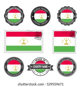 Vector set of made in the Tajikistan labels. Approved Product, Original Product Stamps label design. country flag air mail stamp, vector illustration