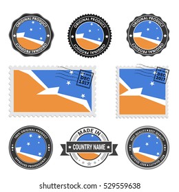 Vector set of made in the Tierra del Fuego province Argentina labels. Approved Product, Original Product Stamps label design. country flag air mail stamp, vector illustration