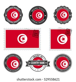 Vector set of made in the Tunisia labels. Approved Product, Original Product Stamps label design. country flag air mail stamp, vector illustration