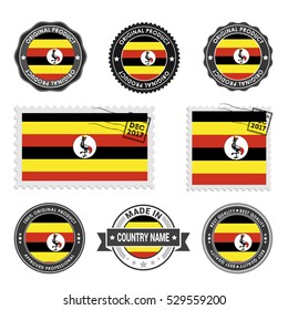 Vector set of made in the Uganda labels. Approved Product, Original Product Stamps label design. country flag air mail stamp, vector illustration