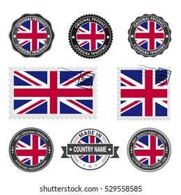 Vector set of made in the United Kingdom labels. Approved Product, Original Product Stamps label design. country flag air mail stamp, vector illustration
