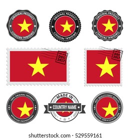 Vector set of made in the Vietnam labels. Approved Product, Original Product Stamps label design. country flag air mail stamp, vector illustration