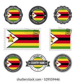 Vector set of made in the Zimbabwe labels. Approved Product, Original Product Stamps label design. country flag air mail stamp, vector illustration