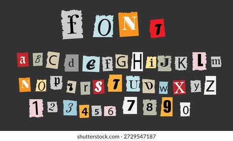Vector conjunto de letras de recorte de revista alfabeto . Tipo de tipografía del periódico, letra y número de corte criminal. Ilustración Pop del grunge de la palabra del recorte del arte con los Elementos rasgados, rasgados