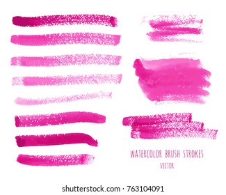 Vector set of magenta, pink, rose watercolor hand painting brush stroke textures. Collection of grunge stains, splash, stripes, geometric horizontal lines, design elements. Makeup frame background. 