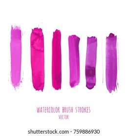 Vector set of magenta, purple, pink, lilac watercolor hand painting brush stroke textures. Collection of grunge stains, splash, stripes, geometric vertical lines, design elements on white background
