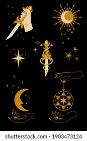 Vector Set of magic and astrological symbols. Mystical signs, silhouettes, esoteric aesthetics.