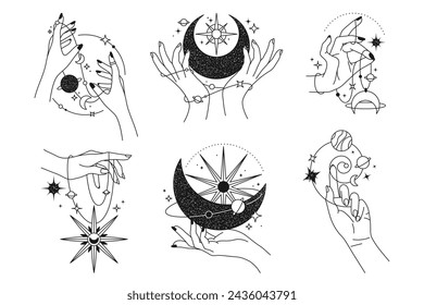 Vector set of magic and astrology, occult icon. Celestial sign with hands for mystical or zodiac, tarot and witchcraft, esoteric theme. Cartoon amulet or talisman, tattoo element. Star and planet