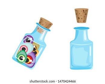 Vector set magic bottle with monsters eyes. On a transparent background