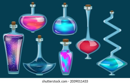 Conjunto vectorial de viales multicolores mágicos y coloridos con poción. Buques rosas, turquesas, azules, rojos, morados con una poción de diferentes formas aislada en un fondo verde. Una poción irrisoria que brilla.