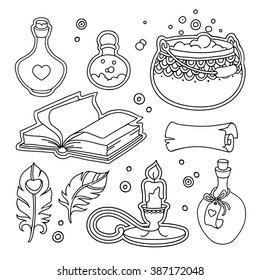 Vector set magic fairy witchcraft elements in doodle style. Magic book, potions, feather, ornate tribal elements. Black and white monochrome background. Zentangle hand drawn coloring book page