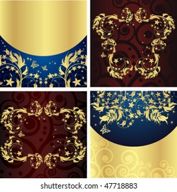 Vector set of magic floral background with golden curles.