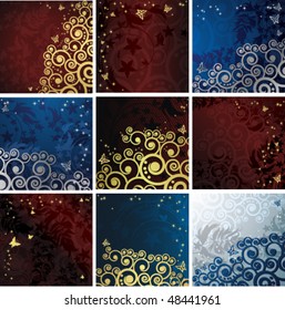Vector Set of Magic floral backgrounds with golden curls.