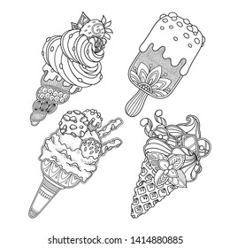 Vector set of magic ice cream in doodle style. Floral, ornate, decorative, sweets design elements. Black and white background. Dessert , candy, berries. Zentangle coloring book page