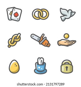 Vector Set of Magic and Illusion Icons. Deck, Focus, Bird, Rope, Sawing, Finance, Product, Prop, Locked.