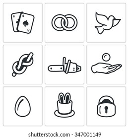 Vector Set of Magic and Illusion Icons. Deck, Focus, Bird, Rope, Sawing, Finance, Product, Prop, Locked. Cards, Rings, Dove, Assembly, Chainsaw, Hand, Egg, Rabbit, Lock.