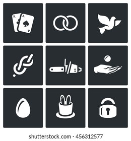 Vector Set of Magic and Illusion Icons. Deck, Focus, Bird, Rope, Sawing, Finance, Product, Prop, Locked. Cards, Rings, Dove, Assembly, Chainsaw, Hand, Egg, Rabbit, Lock.