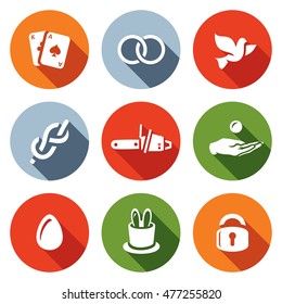 Vector Set of Magic and Illusion Icons. Deck, Focus, Bird, Rope, Sawing, Finance, Product, Prop, Locked.