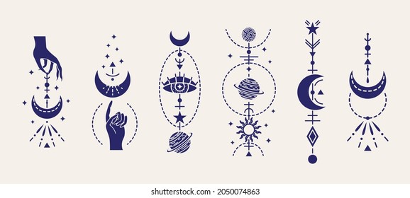 Vector set of magic illustrations with mystery symbols. Magical cards.