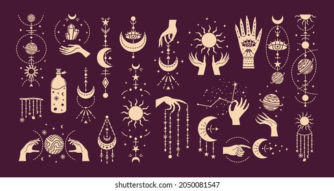 Vector set of magic illustrations with mystery symbols. Magical cards.