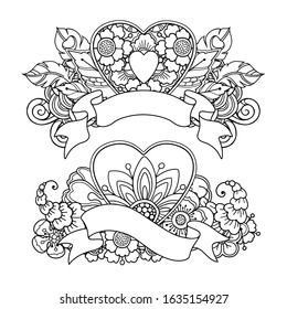 Vector set of magic love composition  in doodle style. Floral, ornate, decorative, love design elements. Black and white background. Heart, ribbon, flowers, leaves. Zentangle coloring book page
