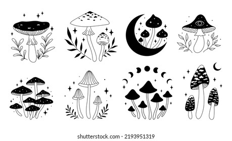 Vector set with magic mushrooms. Composition with mushrooms, stars and moon. Esoteric clipart. Hand drawn illustration. Black and white.