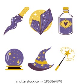 Vector Set Of Magic Objects. Elements Of Witchcraft: Blade, Hat, Orb Of Divination, Crystal, Elixir, Magic Wand. Hand Drawn Group Of Colored Doodles, Flat Cartoon Style