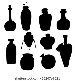 Vector conjunto de pociones mágicas y pictogramas de venenos aislados de fondo. Colección de siluetas negras de botellas y frascos para logotipos, pegatinas