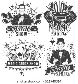 Vector set of magic show labels in vintage style isolated on white background. Card tricks