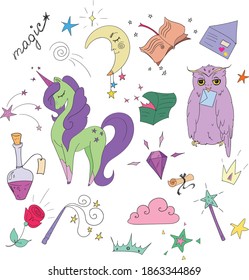 Vector set magic symbols colorful outline cartoon
