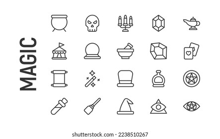 Vector set of magic thin line icons. Design of 20 stroke pictograms. Signs of magic isolated on a white background.