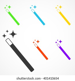 Vector Set of Magic Wand icon with star sparkle. Flat style magic wand icon. Isolated on white background.