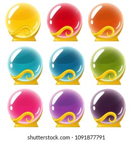 Vector set of magical crystall balls on golden stand. Isolated in white background. Perfect for games or other design works