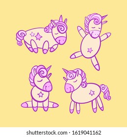 Vector set of magical cute unicorns. Fabulous goods are hand-drawn in cartoon style.