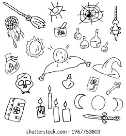  Vector set of magical elements, attributes of esotericism and witchcraft. Halloween.