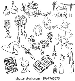  Vector set of magical elements, attributes of esotericism and witchcraft. Halloween.