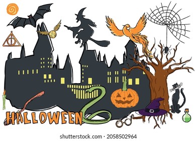 Vector set of magical things: castle, witch on a broomstick, snitch, potion, phoenix, cat, spider, pumpkin, halloween lettering