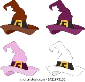 Vector set of magical wizards hats - braun, purple, pink and white. Halloween masquerade costume.