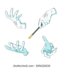 Vector set of magician hands in gloves with a magic wand performing a focus - collection of gestures to combine, isolated on white with copy space