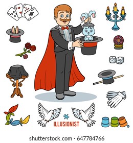 Vector set with magician and objects for magic tricks. Cartoon colorful items