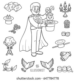 Vector set with magician and objects for magic tricks. Cartoon black and white items