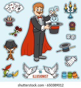 Vector set with magician and objects for magic tricks. Cartoon colorful items