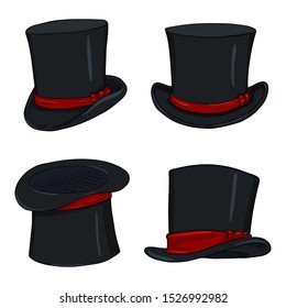 Vector Set of Magicians Black Cylinder Hat with Red Ribbons