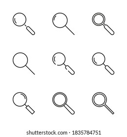Vector set of magnifying glasses icons. Search symbol on a white background. Thin line style.