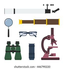 Vector set of magnifying and research equipment: telescope, magnifier, pirate spyglass, glasses, binoculars, monocular, microscope.