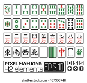 Vector set of mahjong elements in pixel style on white background (all numerous tiles, winds, dragons and dice).